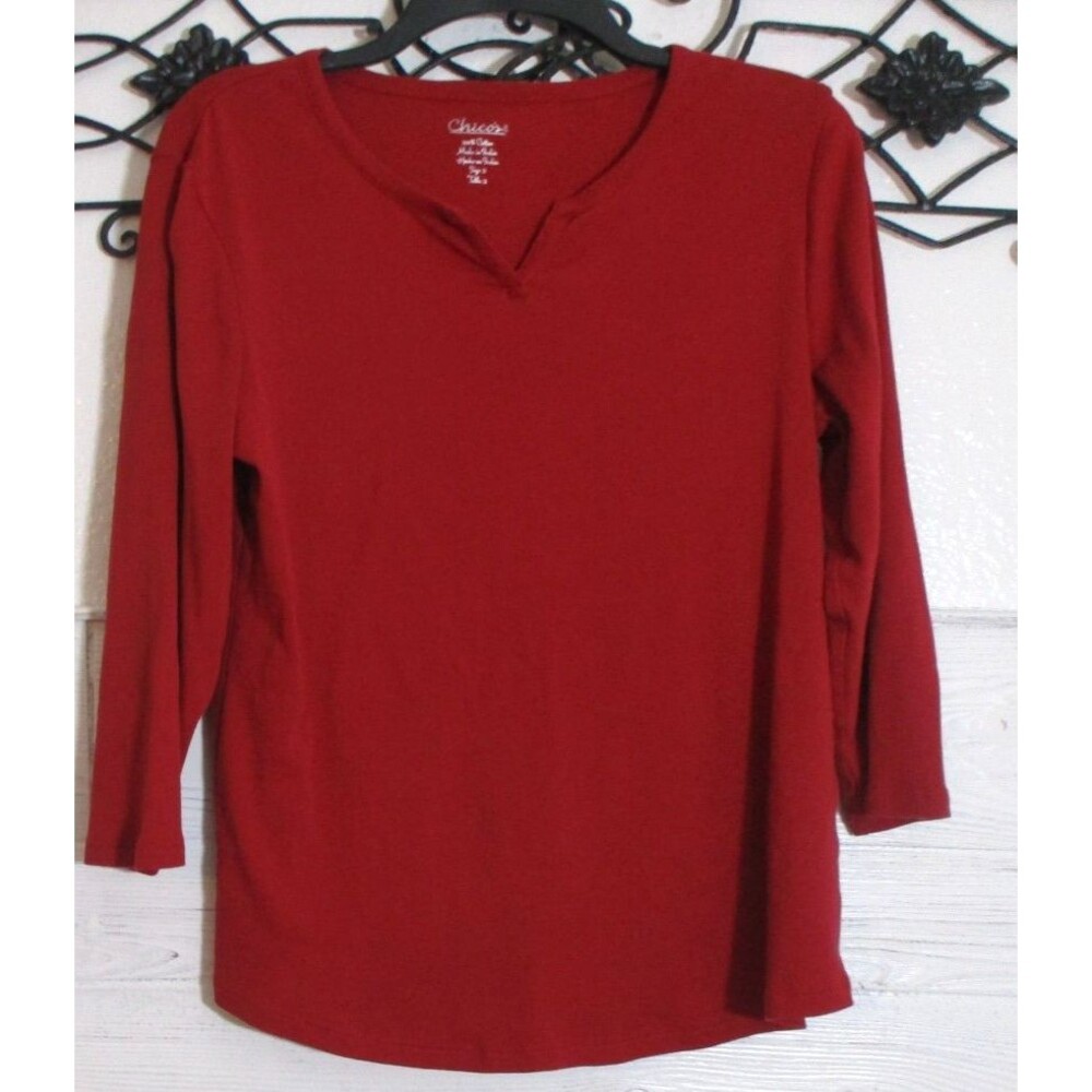 Chico's Women's Top Size 2 3/4 Sleeve Red Round Neck